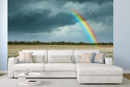 Vlies Fototapete - Regenbogen über dem Kamillenfeld 375 x 250 cm